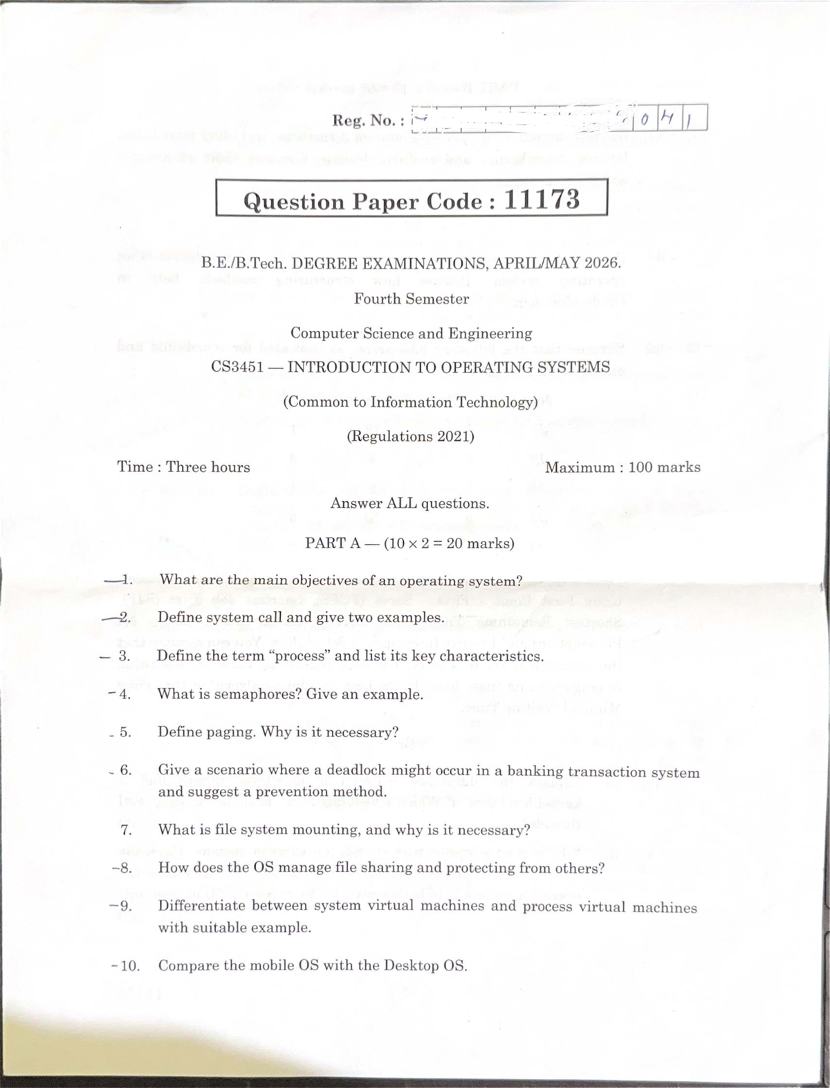 CS3451 - Final Exam Question Paper for Introduction to Operating ...