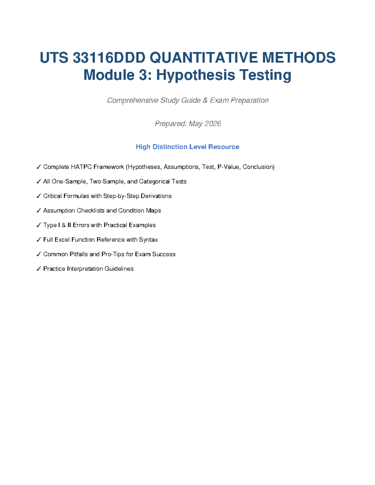 UTS QUANTITATIVE METHODS Module 3: Hypothesis Testing Study Guide - Studocu