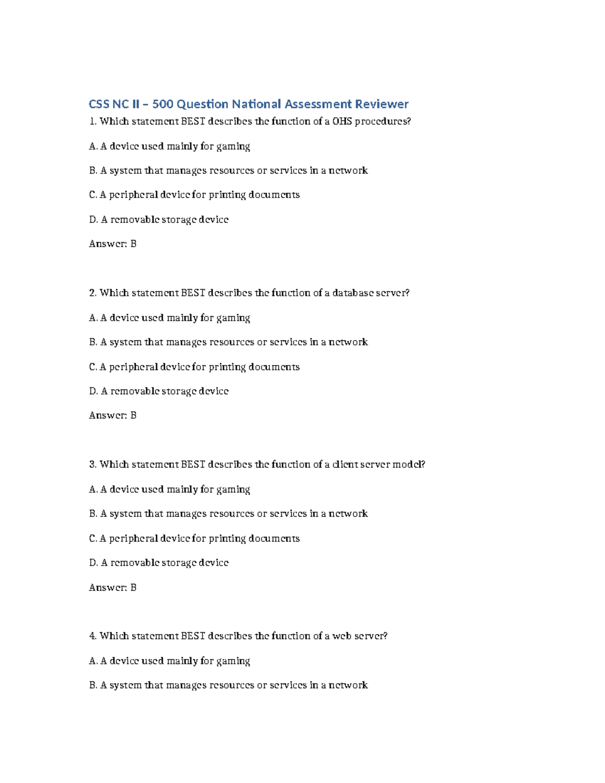 CSS NC II 500 Question National Assessment Reviewer with Answers - Studocu