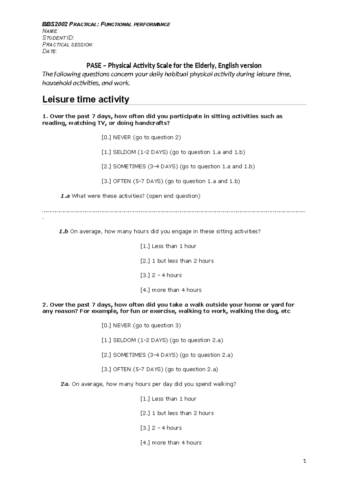 BBS2002 Practical PASE Evaluation for Physical Activity - Studeersnel