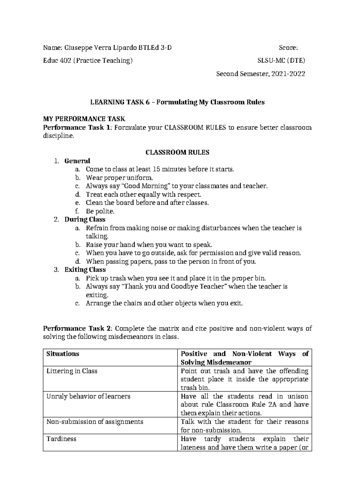 Educ 402 - Learning Task 6: Formulating Classroom Rules & Discipline ...