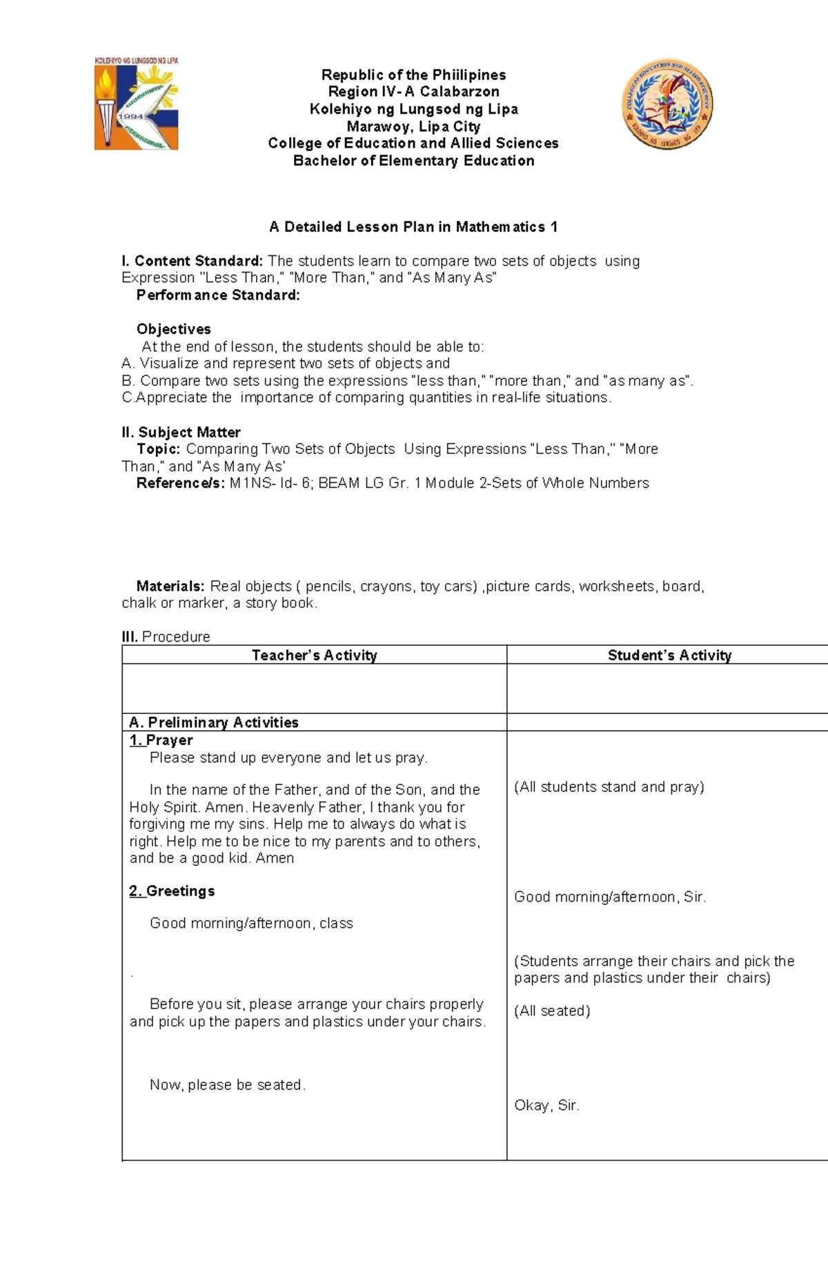 Detailed Lesson Plan in Math 1: Comparing Two Sets of Objects - Studocu