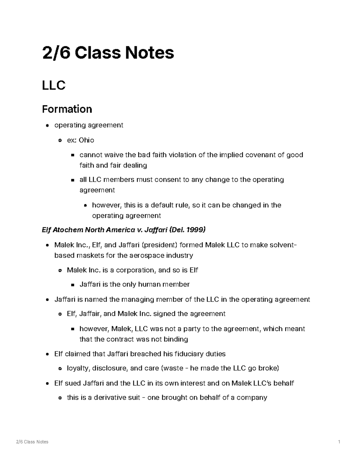 LLC Class Notes: Management, Fiduciary Duties, and Delaware Law - 2/6 ...