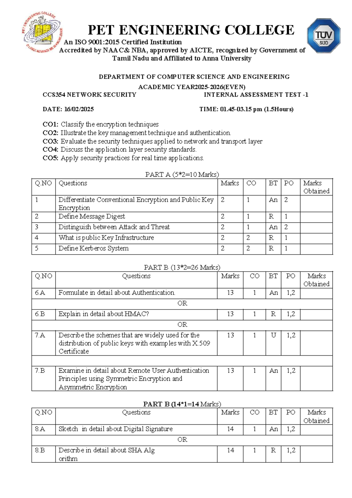 CCS354 Network Security IAT 1 - Question Paper - Studocu