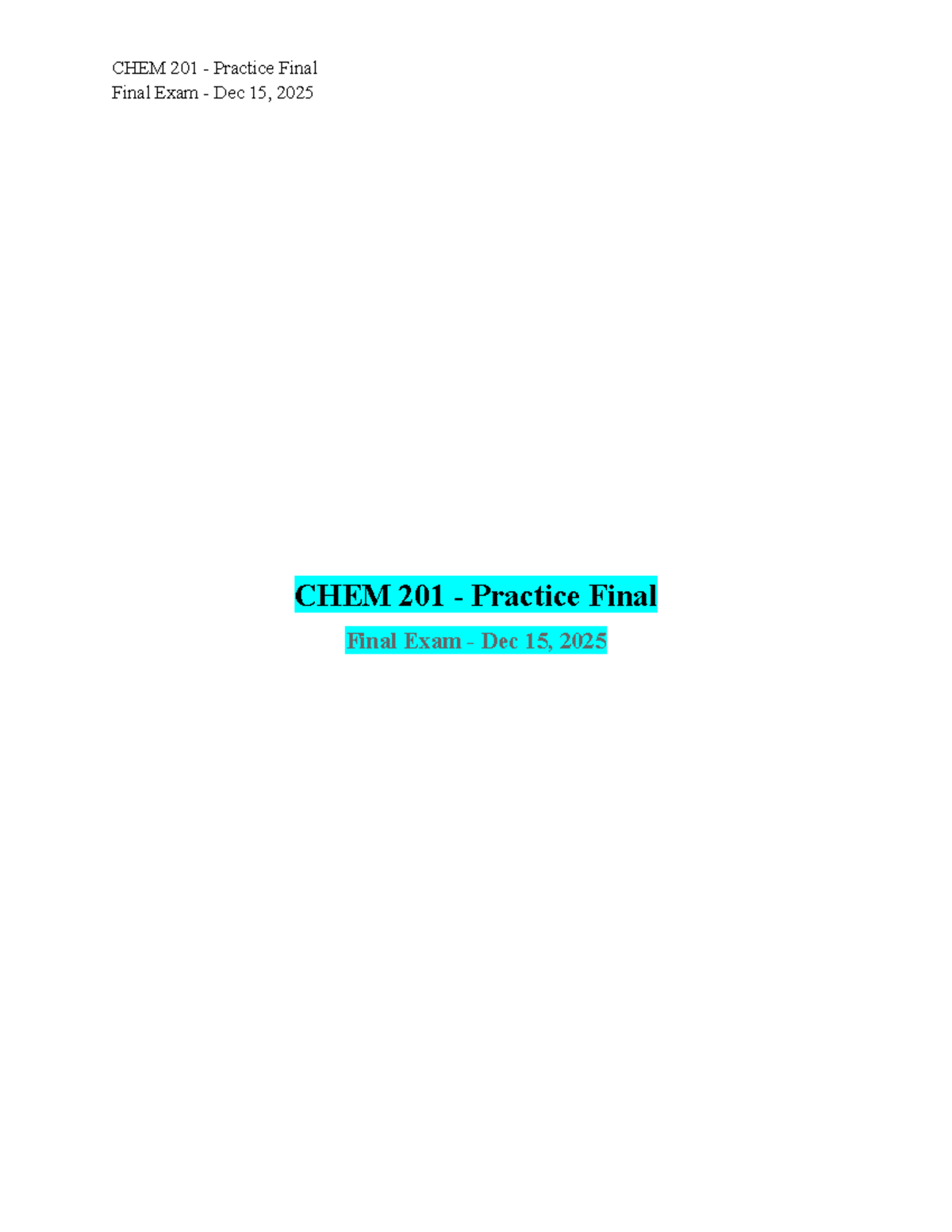 CHEM 201 Practice Final Exam Review - Key Concepts and Structures - Studocu