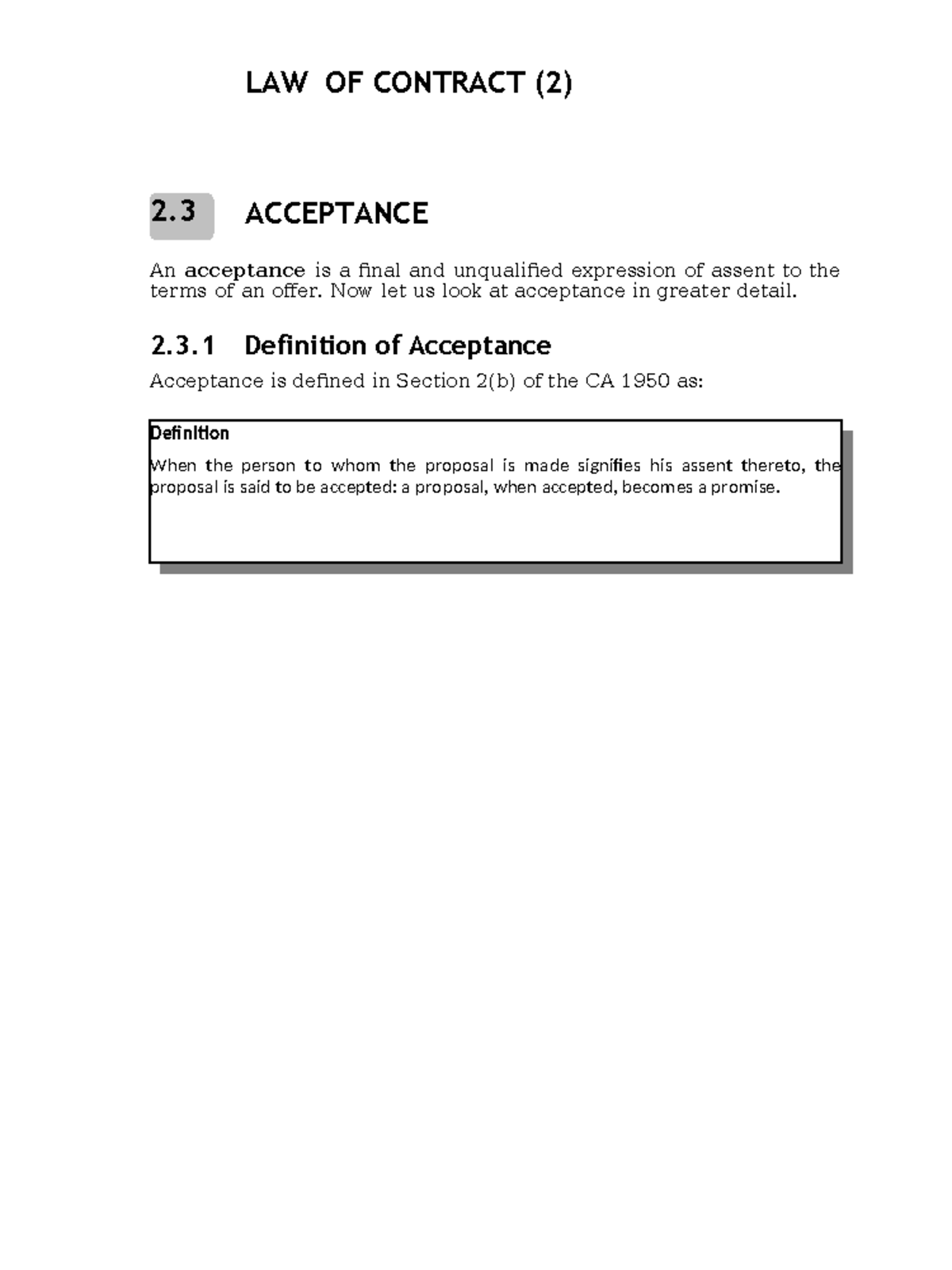 LAW OF CONTRACT (2) - Lecture Notes on Acceptance and Consideration ...