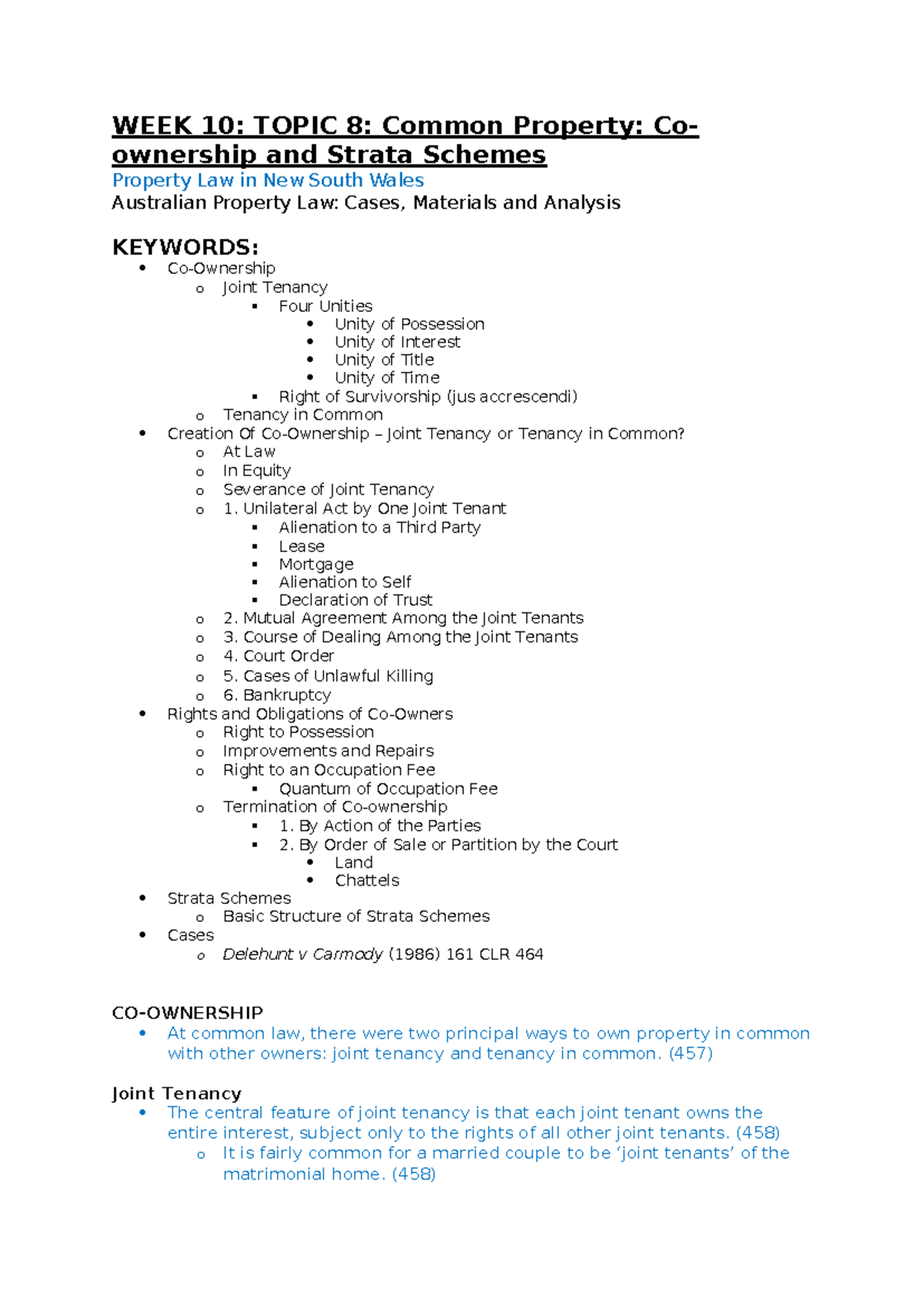 Week 10 Topic 8: Co-ownership & Strata Schemes in Property Law - Studocu