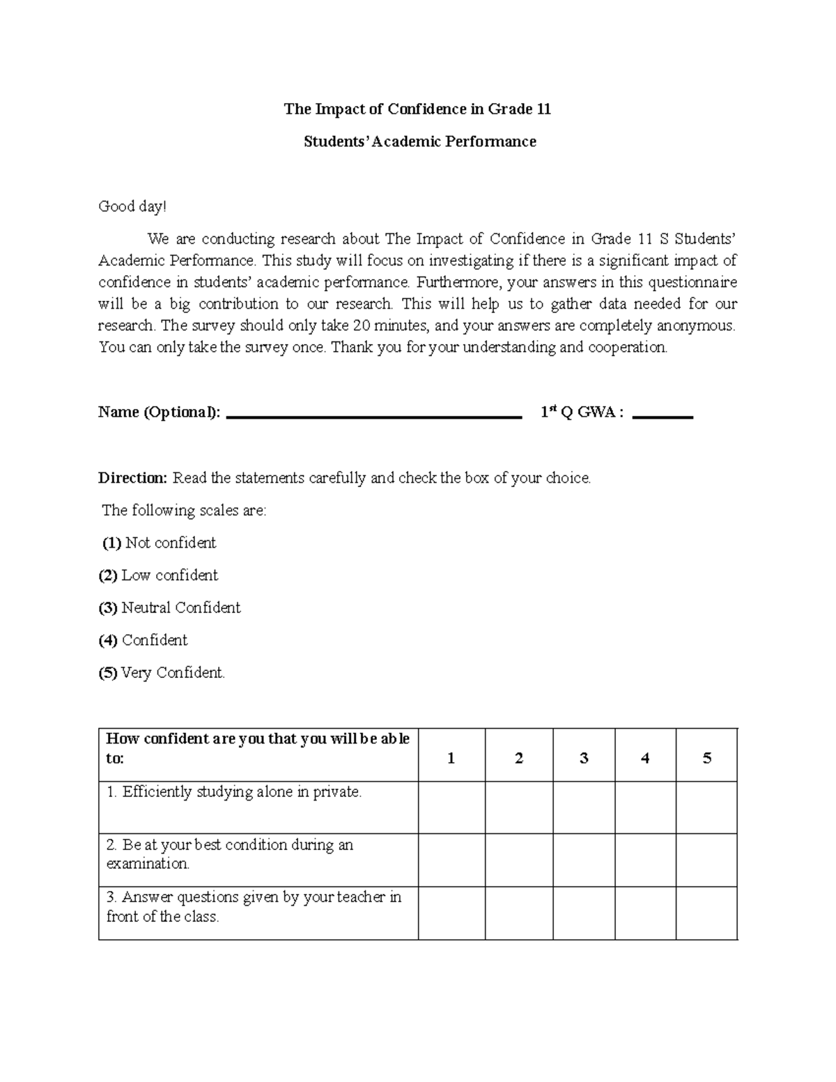 Survey Questionnaire: The Impact of Confidence on Grade 11 Academic ...