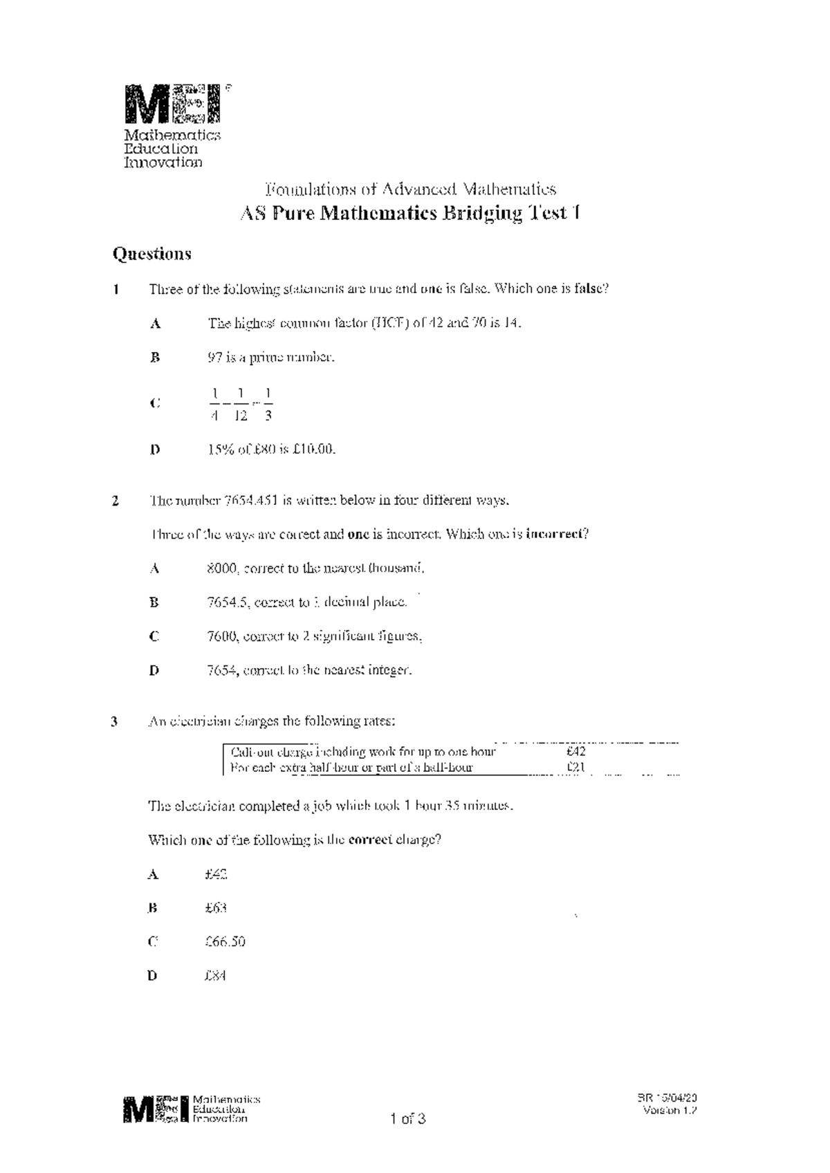 Mathematics Education Innovation AS Pure Mathematics Bridging Test ...
