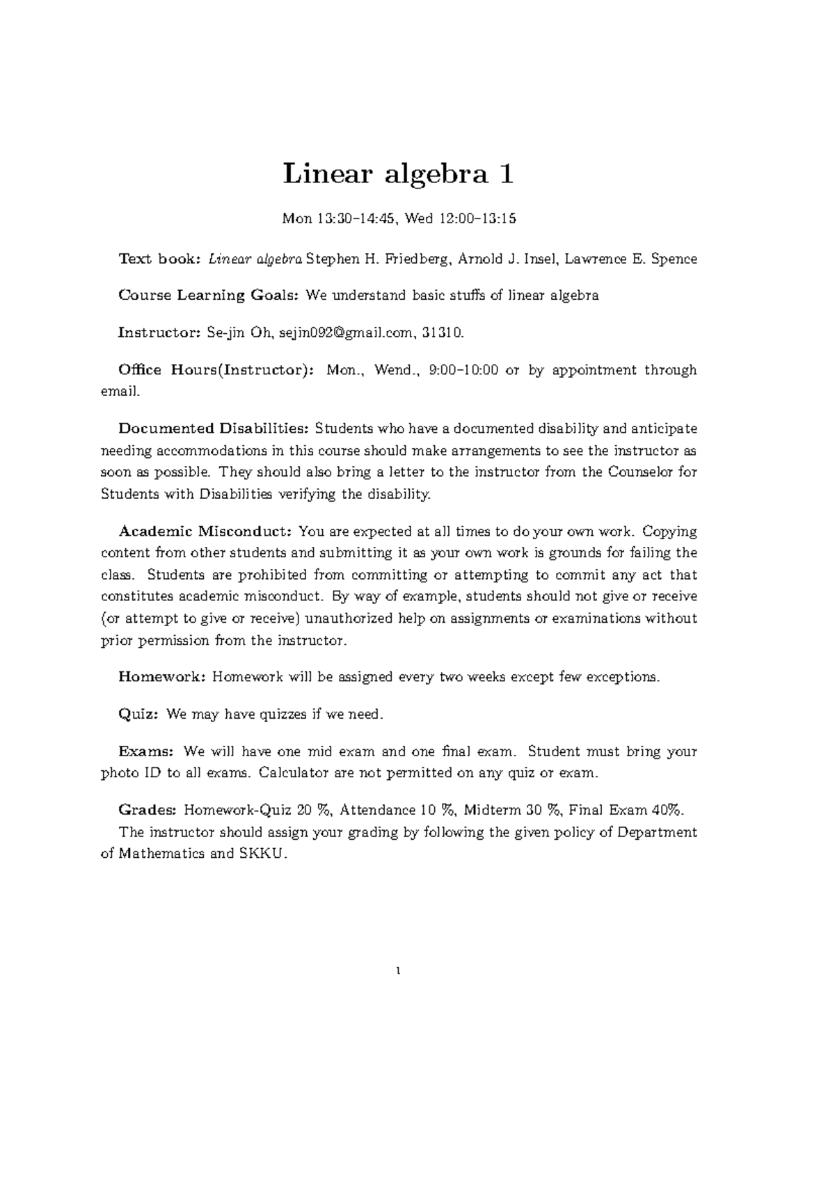Syllabus for Linear Algebra 1 (MATH 101): Course Overview & Policies ...