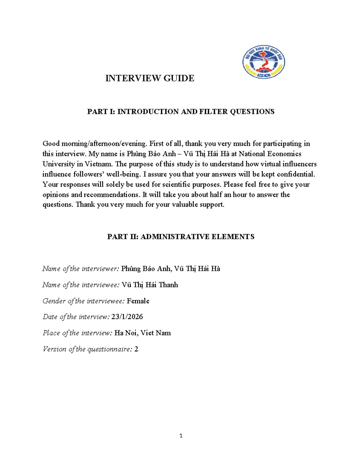 INTERVIEW GUIDE PART I: VIRTUAL INFLUENCERS & ENGAGEMENT - Studocu