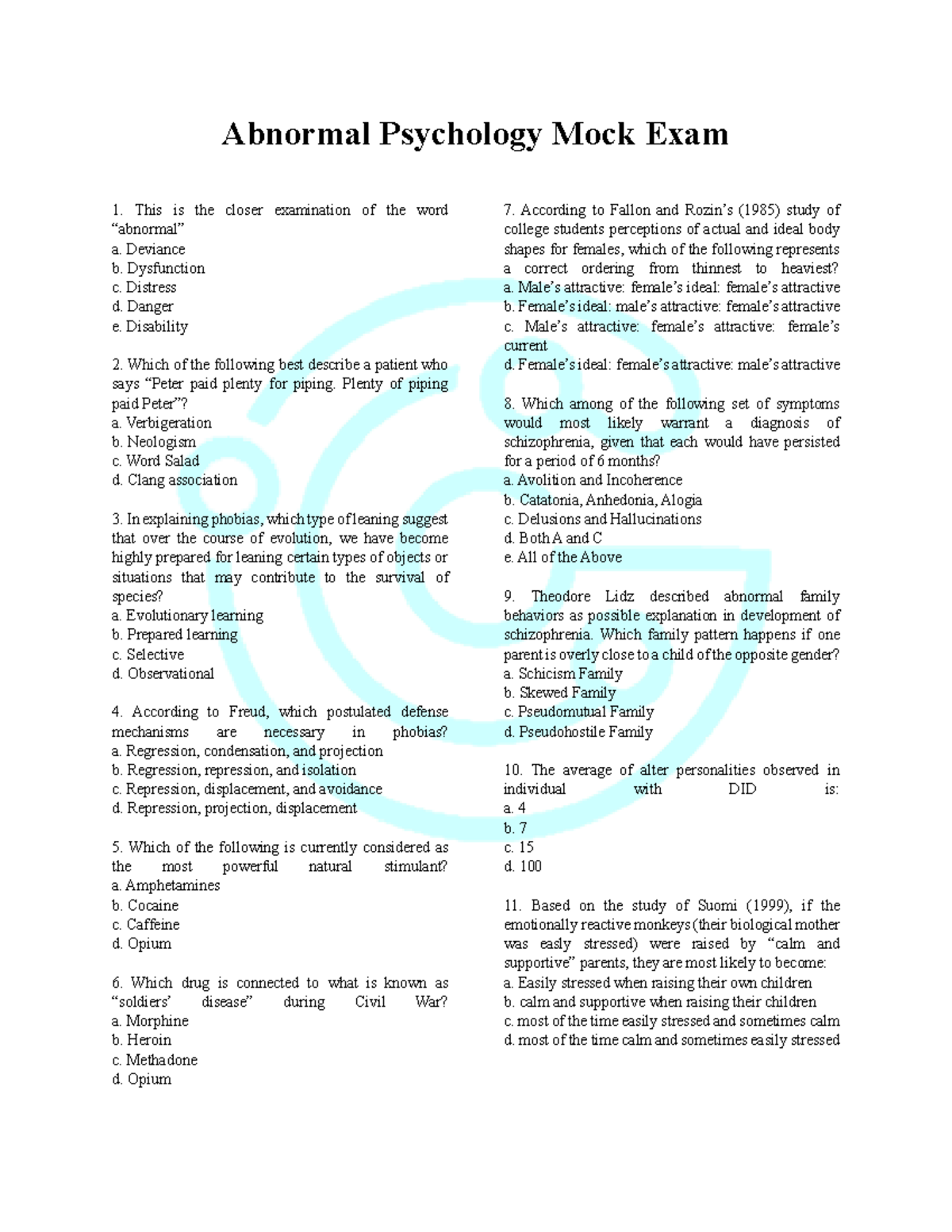 Abnormal Psychology PSY 301 MOCK EXAM Study Guide and Review - Studocu