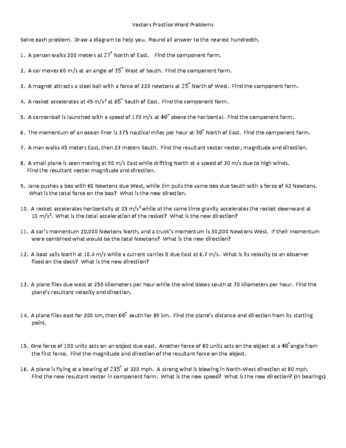 Vectors Practice Word Problems: Component Form Solutions - Studocu