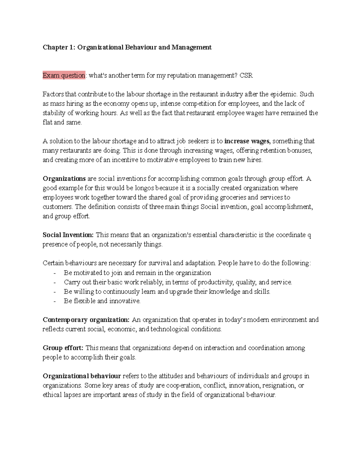 Organizational Behaviour Notes: Key Concepts and Management Strategies ...