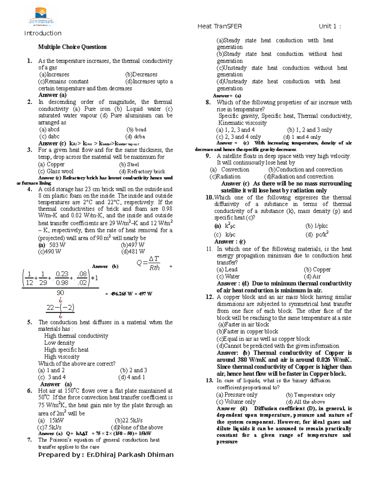 Heat Transfer Unit 1: Introduction to MCQs and Concepts - Studocu