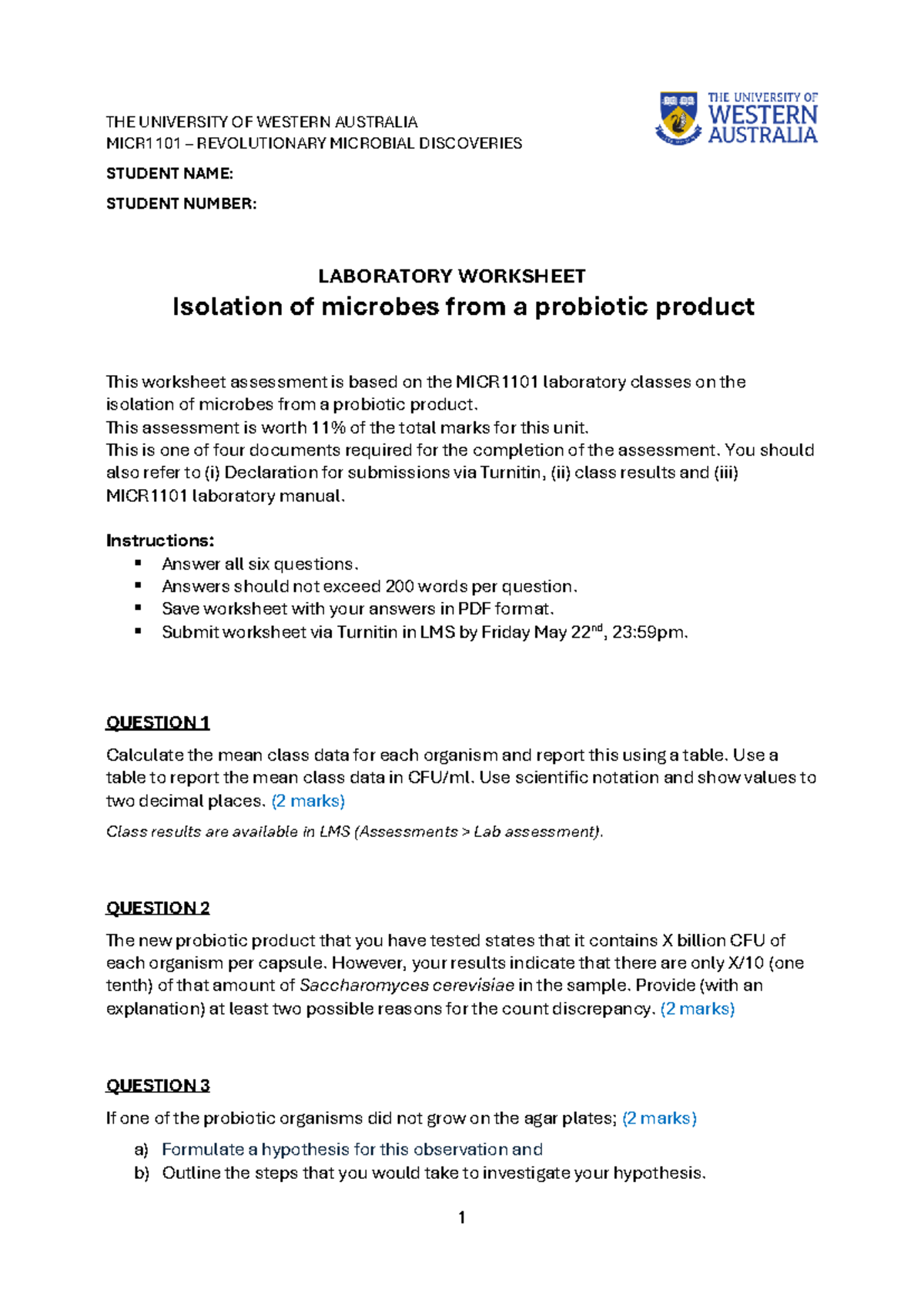 MICR1101 Lab Worksheet: Isolation of Microbes from Probiotics - Studocu