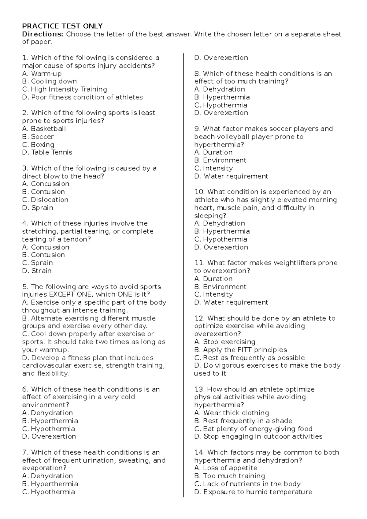 Practice Test - PRACTICE TEST ONLY Directions: Choose the letter of the ...