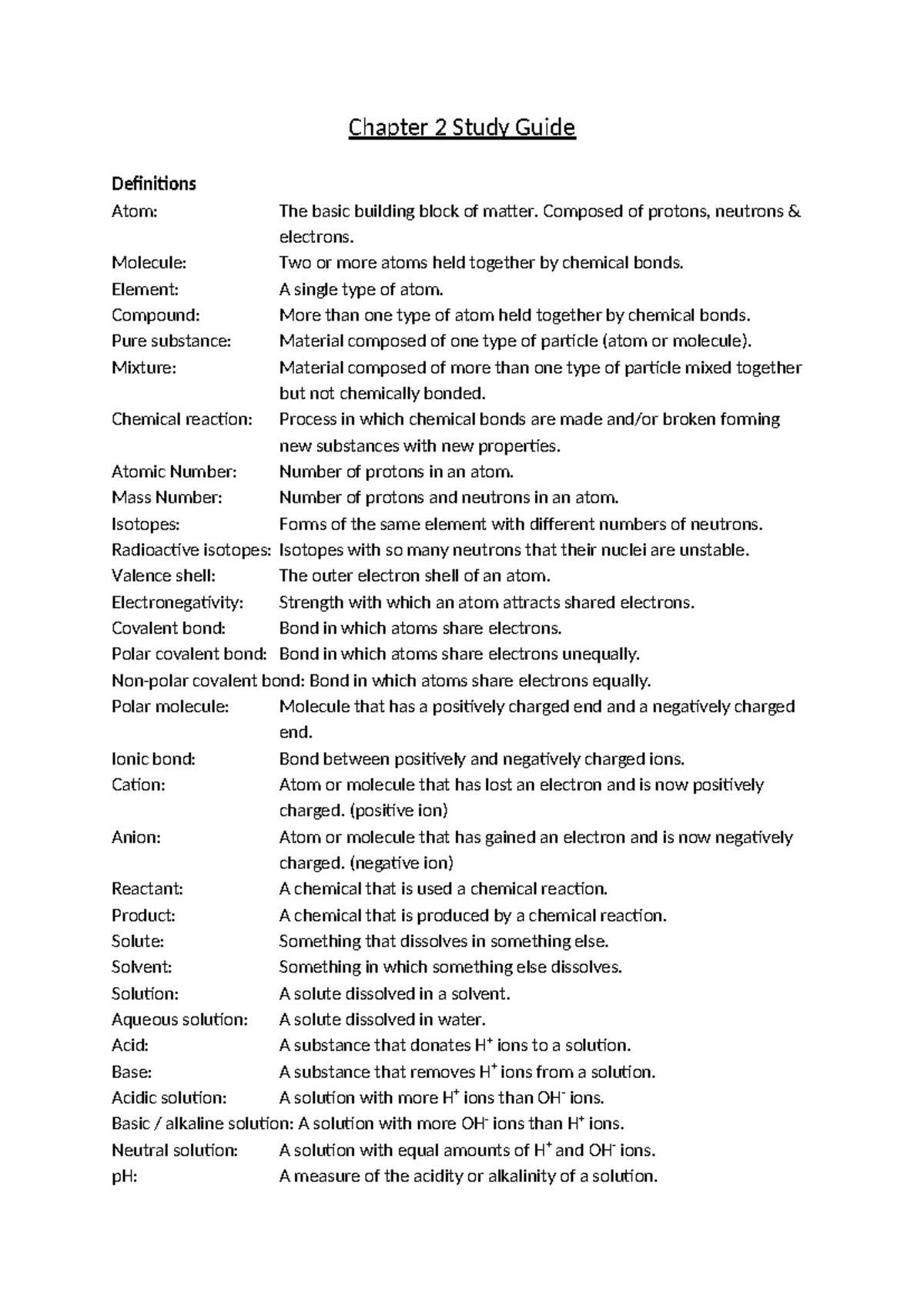 Chapter 2 Study Guide: Chemical Bonds, Acids, Bases & Water Properties ...