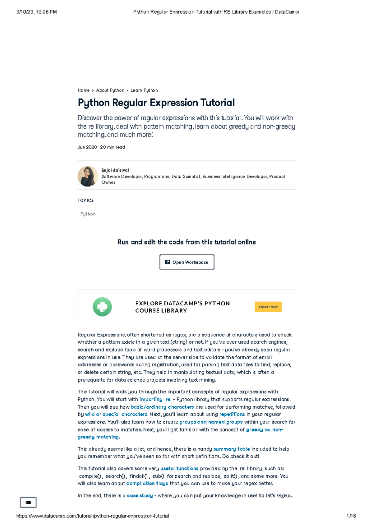 Python Regex Tutorial: RE Library Examples & Concepts (DataCamp) - Studocu