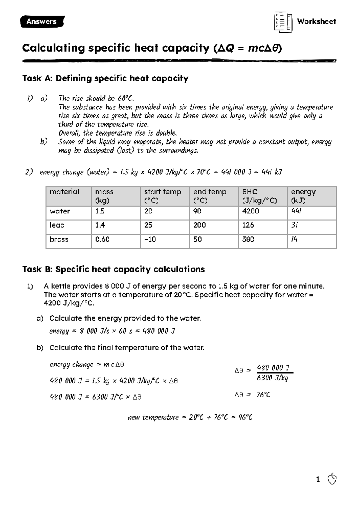 Worksheet Answers - Specific Heat Capacity Calculations - Studocu