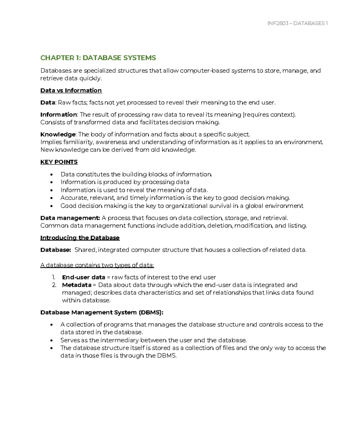 INF2603 - Databases 1, Chapters 1-5 Detailed Study Notes - Studocu