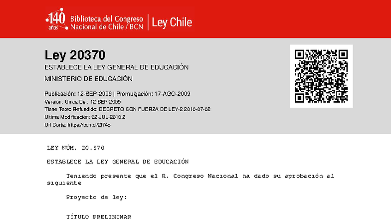Ley 20.370: Ley General de Educación - Texto Completo y Análisis - Studocu