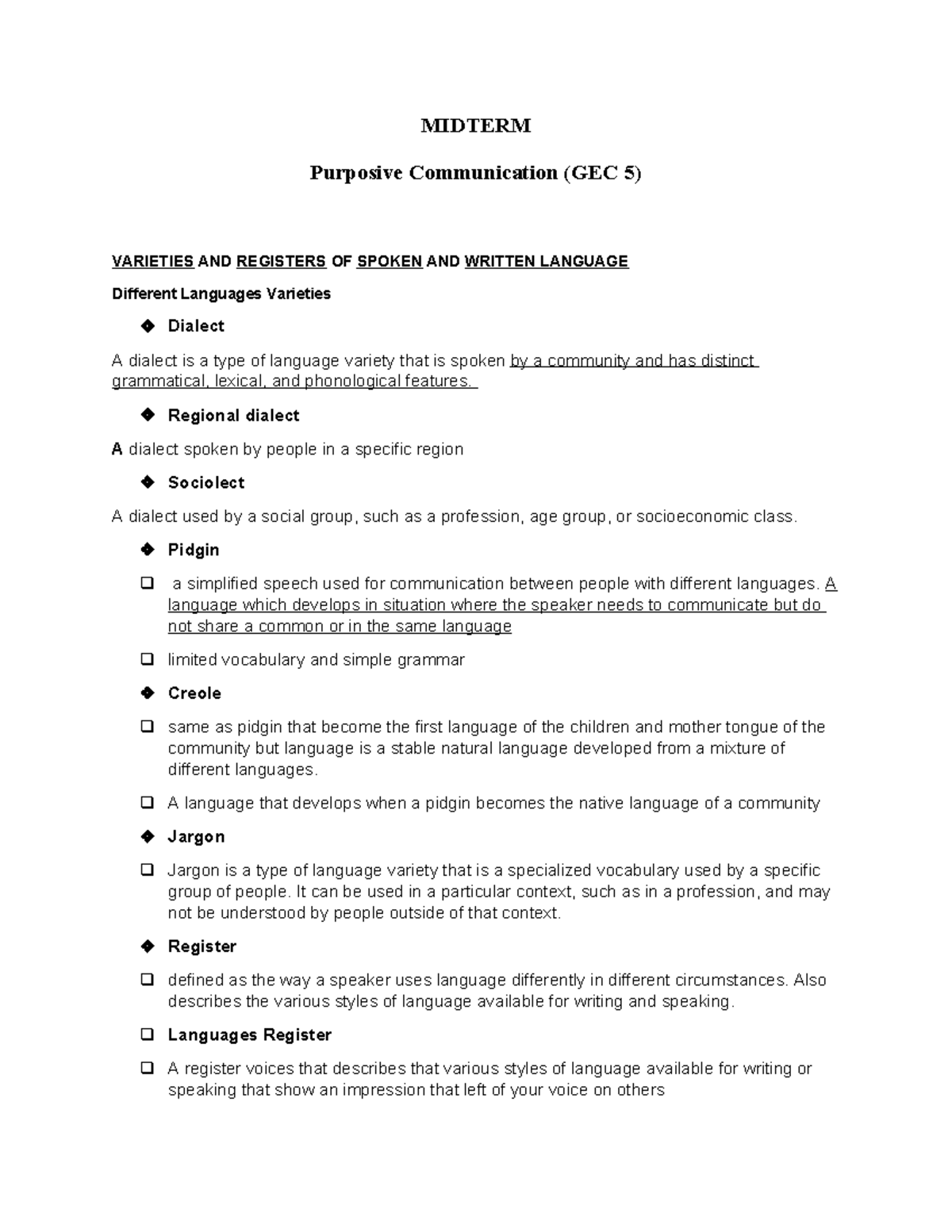 MIDTERM Purposive Communication (GEC 5) Notes on Language Varieties and ...