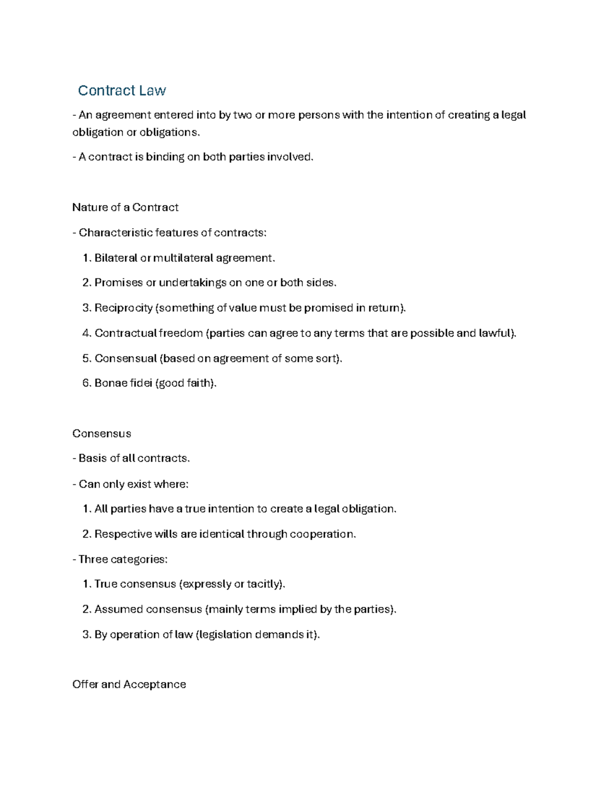 BSCI LAW - Contract Law Overview: Key Concepts and Principles - Studocu