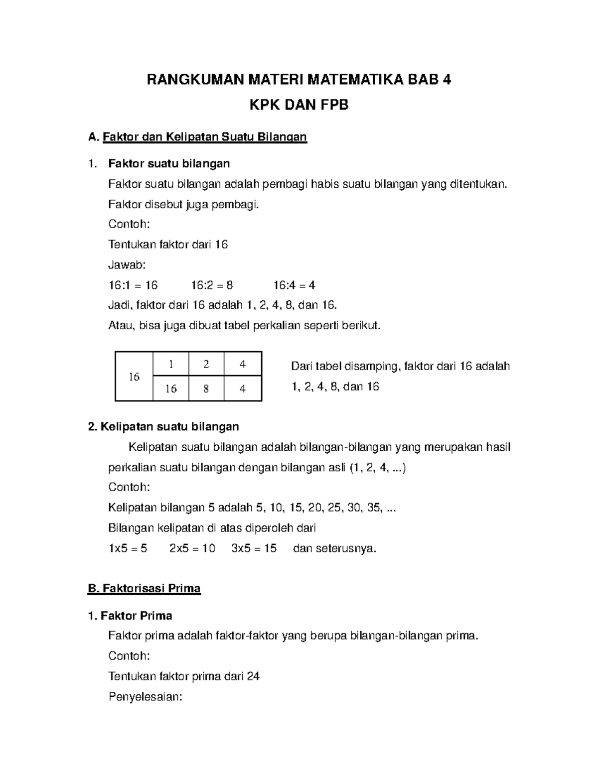 Rangkuman Matematika Kelas 4 SD: KPK dan FPB (Bab 4) - Studocu