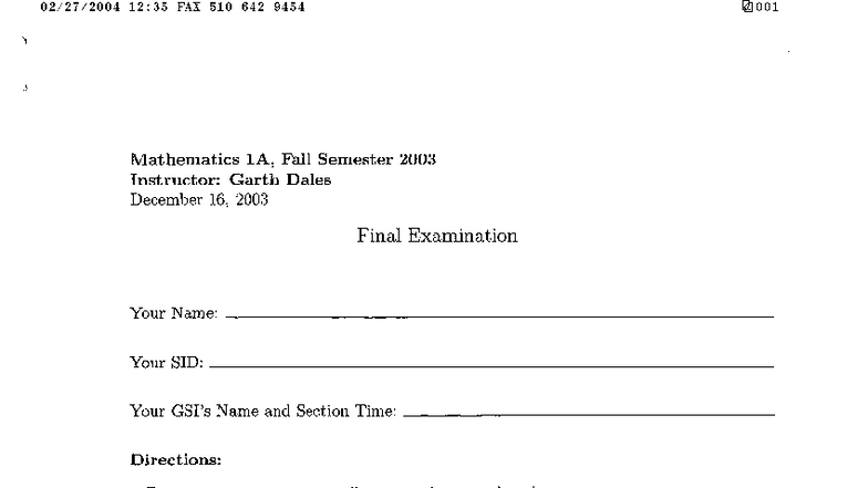 F03 Final Exam-G - 12:35 FAX 510 642 9454 001 Mathematics 1A, Fall ...