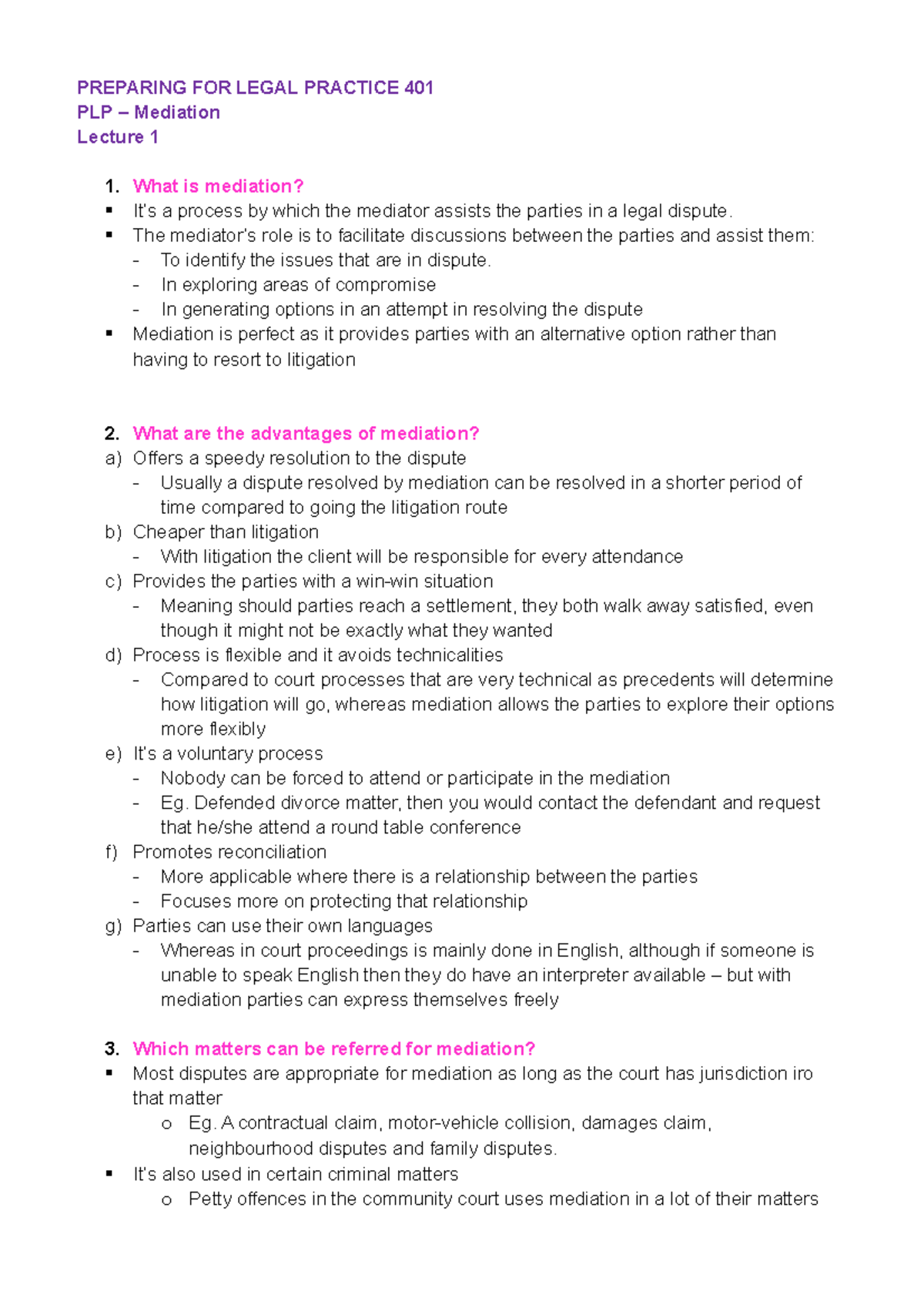 Legal Practice 401: Mediation Study Notes and Key Insights - Studocu
