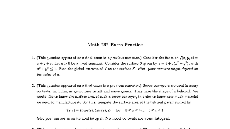 Math 262 Final Exam Extra Practice Problems - Studocu