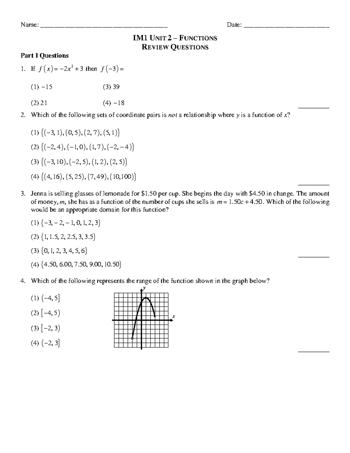 IM1 Unit 2 Functions Review Questions & Free Response Guide - Studocu