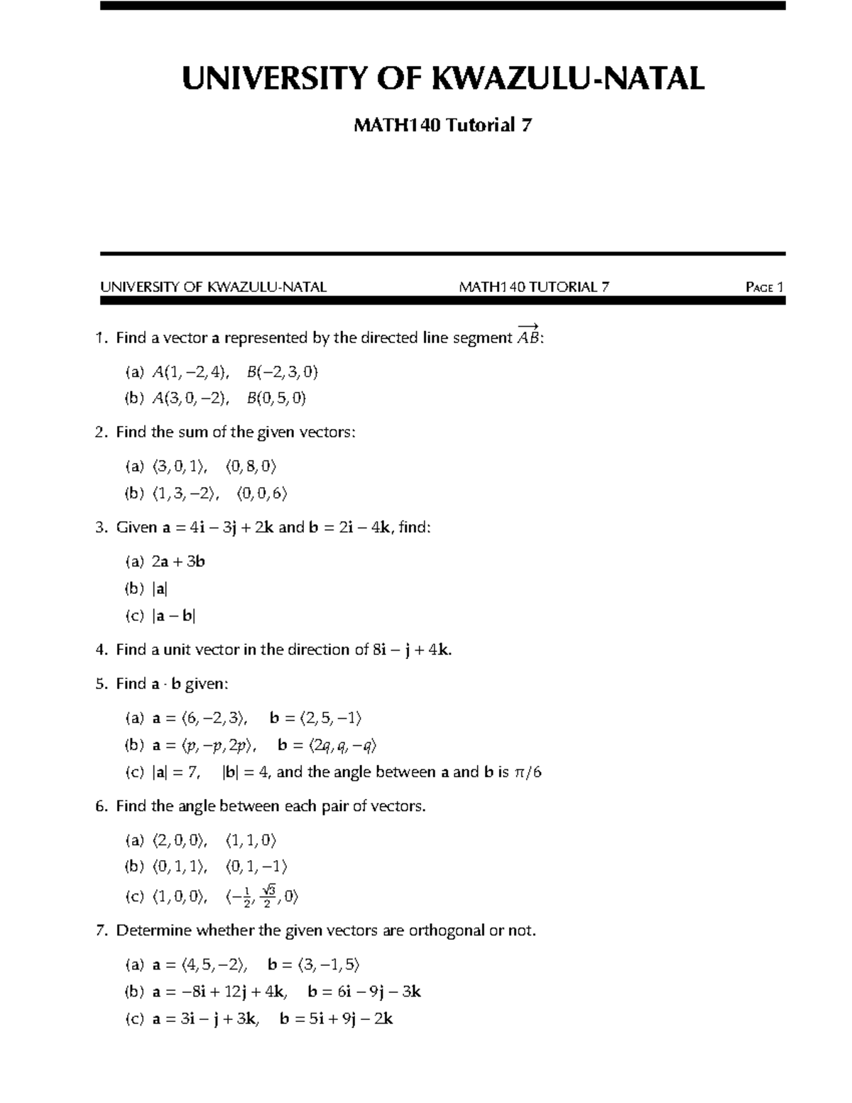 MATH140 Tutorial 7 - Vectors and Their Properties - Studocu