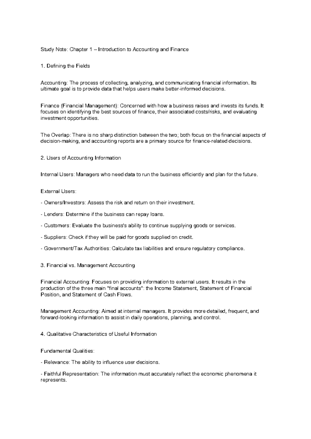 Study Note: Chapter 1 – Introduction to Accounting and Finance - Studocu