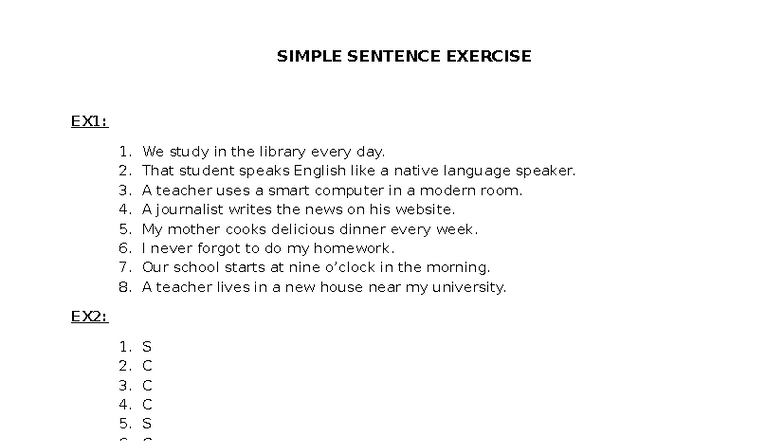 Simple Sentence Exercise (EX1-EX10) for English Language Learners - Studocu
