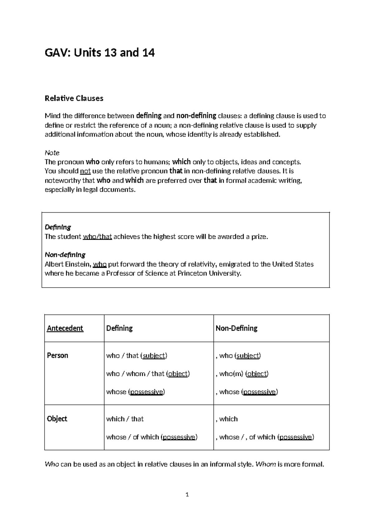 GAV: Units 13 & 14 - Relative Clauses Explained and Exercises - Studocu