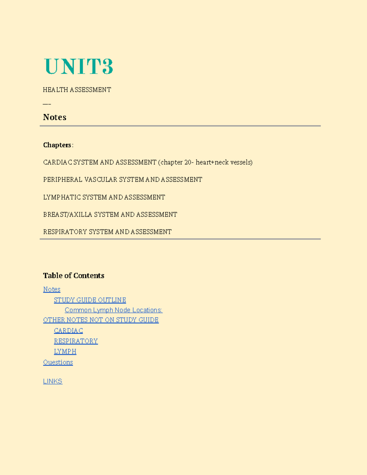 Unit 3 - Exam 3 study guide - UNIT HEALTH ASSESSMENT ___ Notes Chapters ...