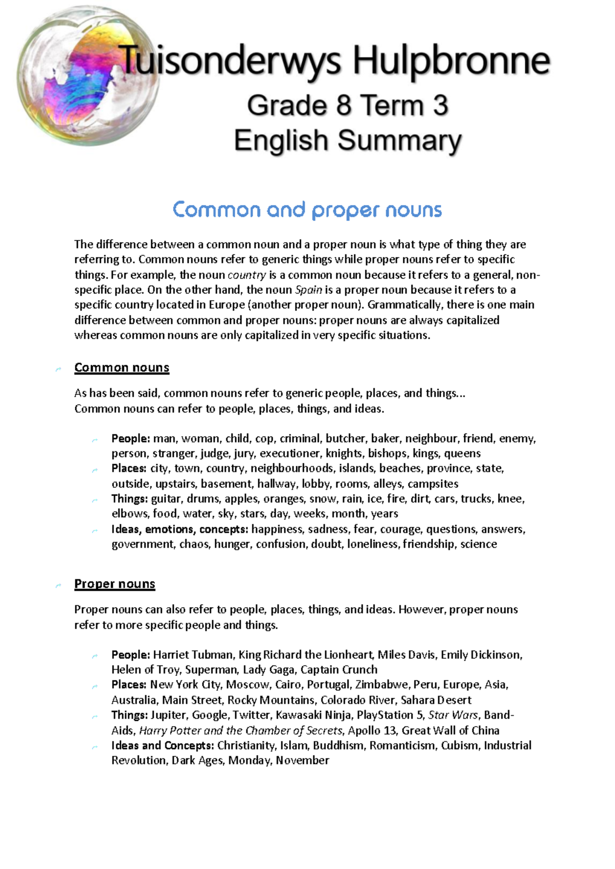 Grade 8 Term 3 English Nouns, Prepositions, & Punctuation Summary ...