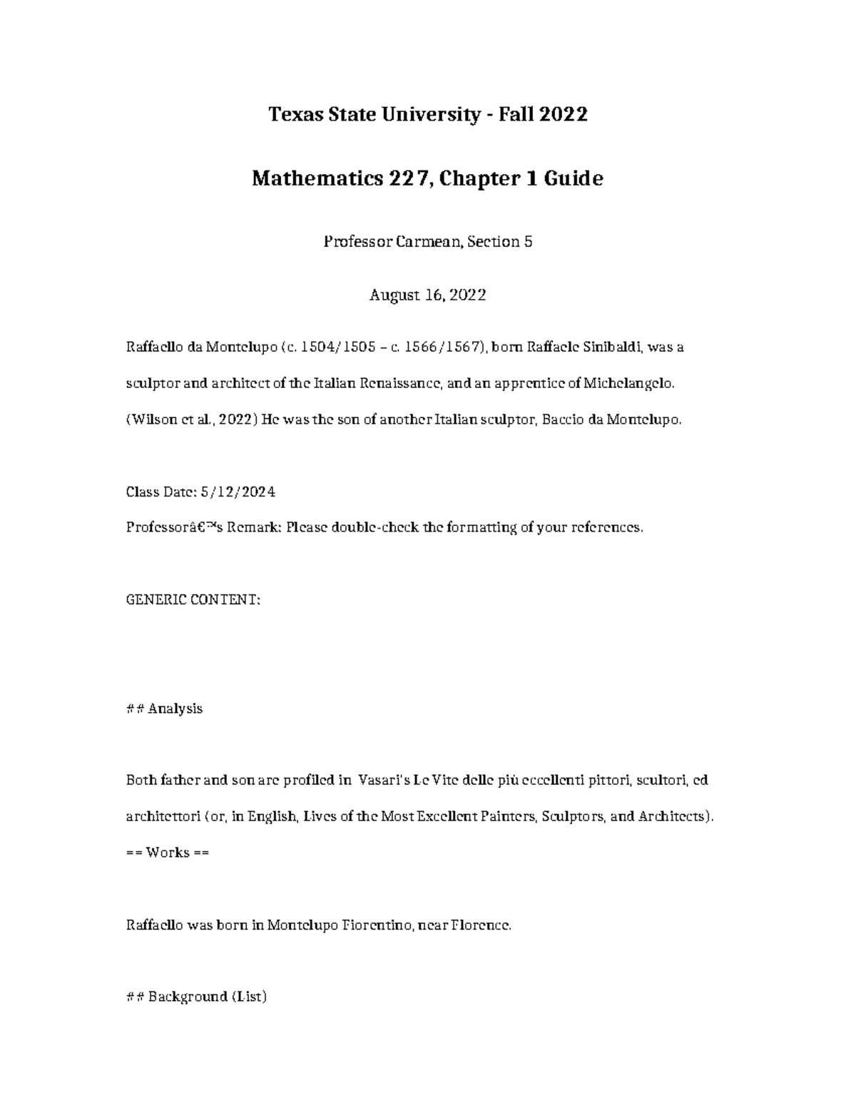 Mathematics 227 Chapter 1 Guide - Texas State University - Fall 2022 ...