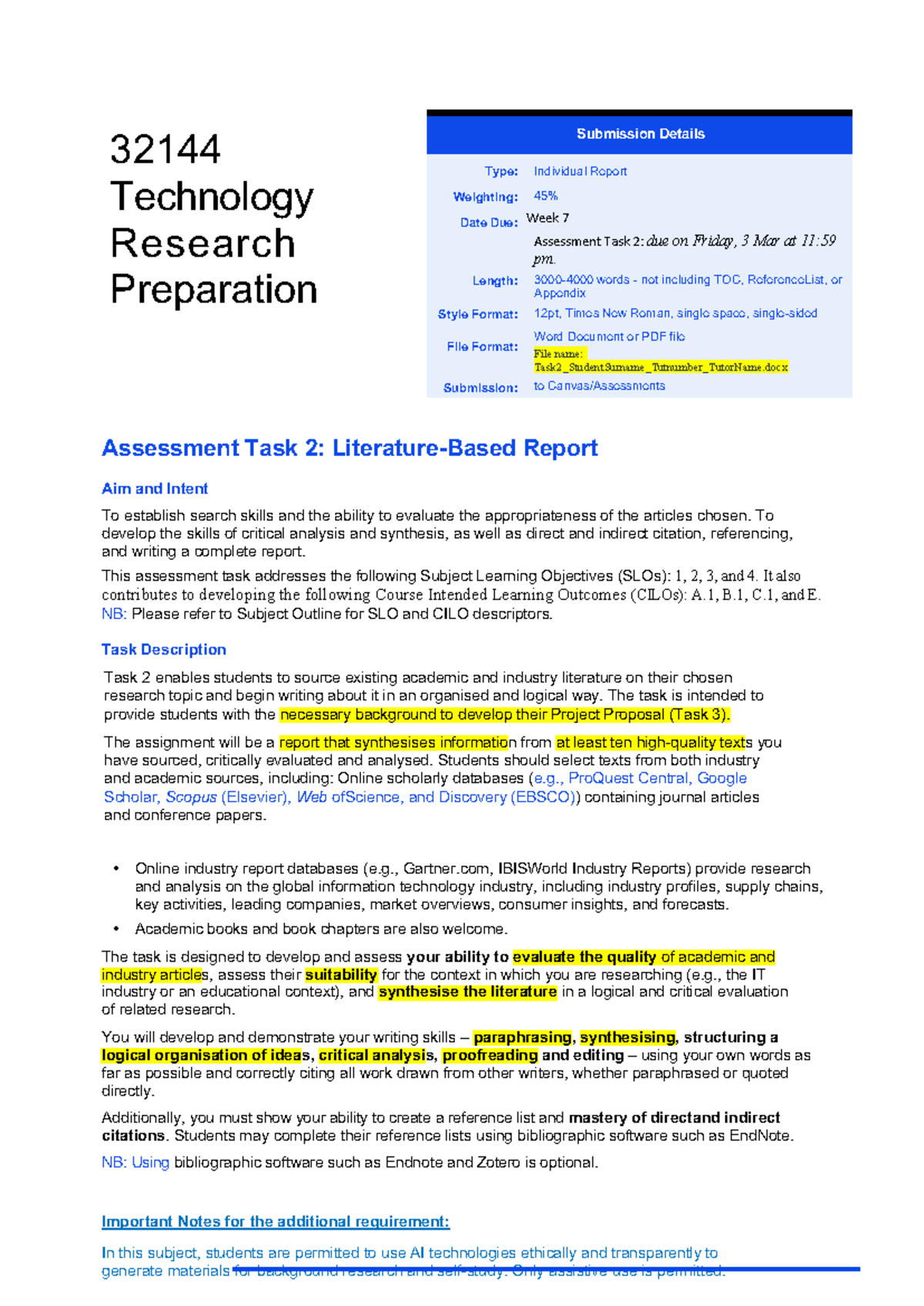 Assessment Task 2: Report Guidelines for 32144 Technology Research ...