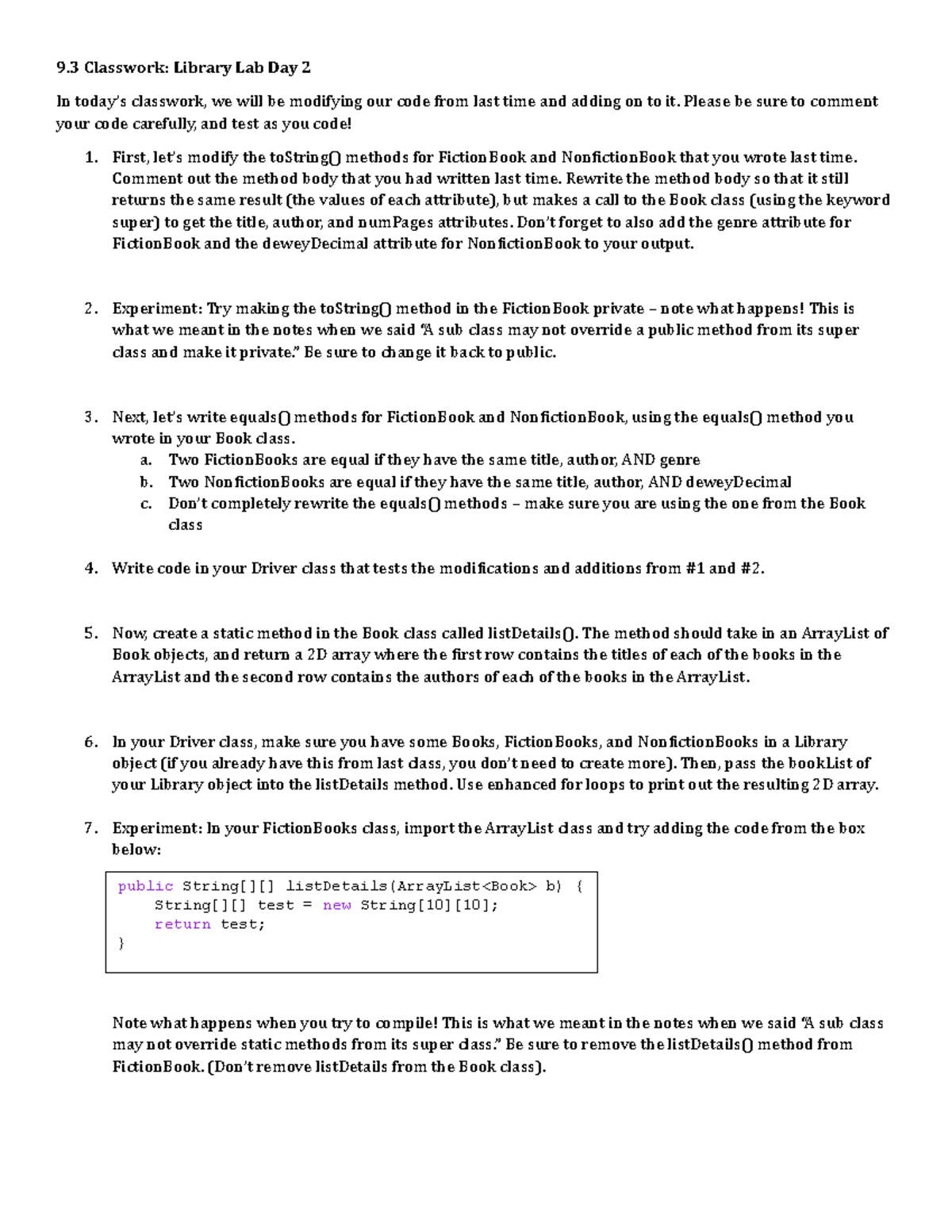 9.3 Classwork: Modifying Code in Library Lab Day 2 - Studocu