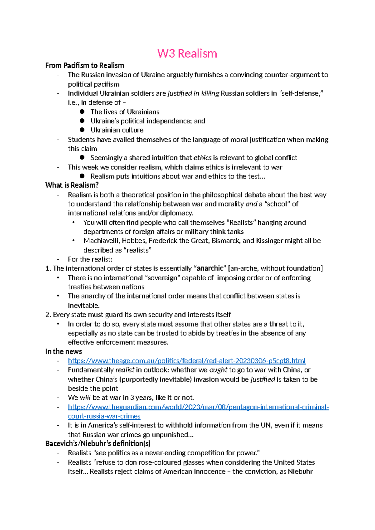 W3 Realism: Examining Ethics and Power in International Relations - Studocu
