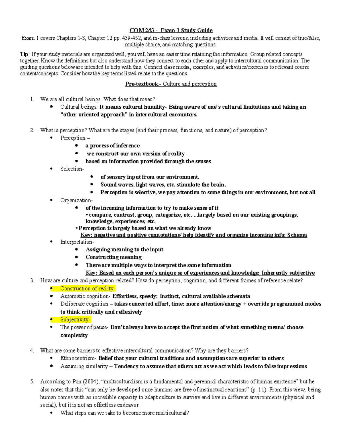 COM 263 - Intercultural Communication Exam 1 Study Guide (Ch. 1-3 & 12 ...
