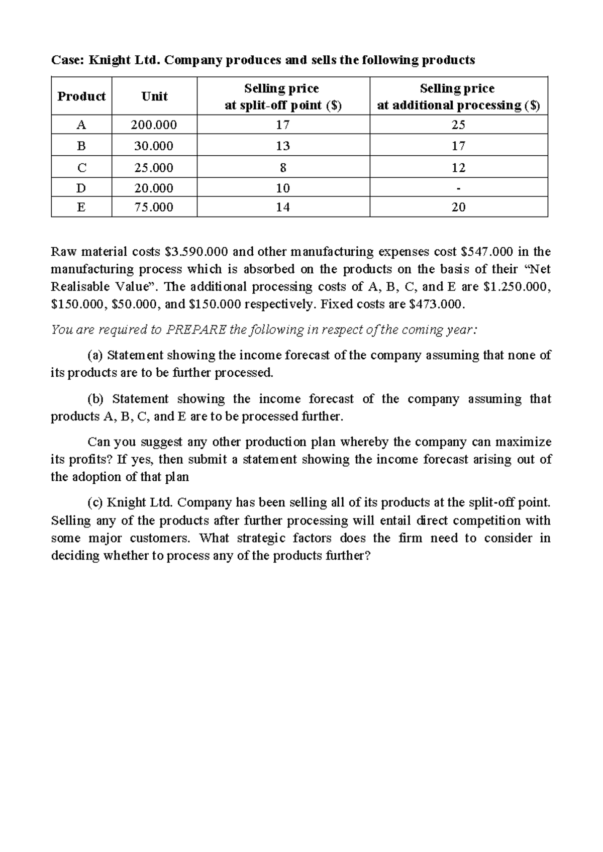 Costing Management Case Study for Course Code: COST 301 - Studocu