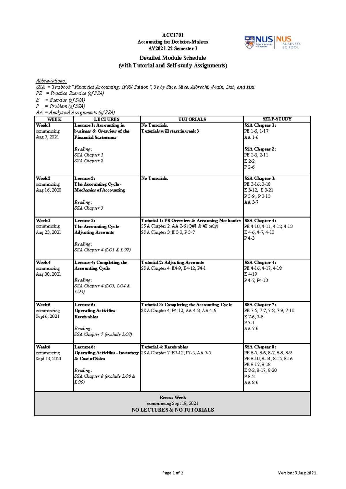 ACC 2021-22 Detailed Module Schedule with Tutorials & Self-Study - Studocu
