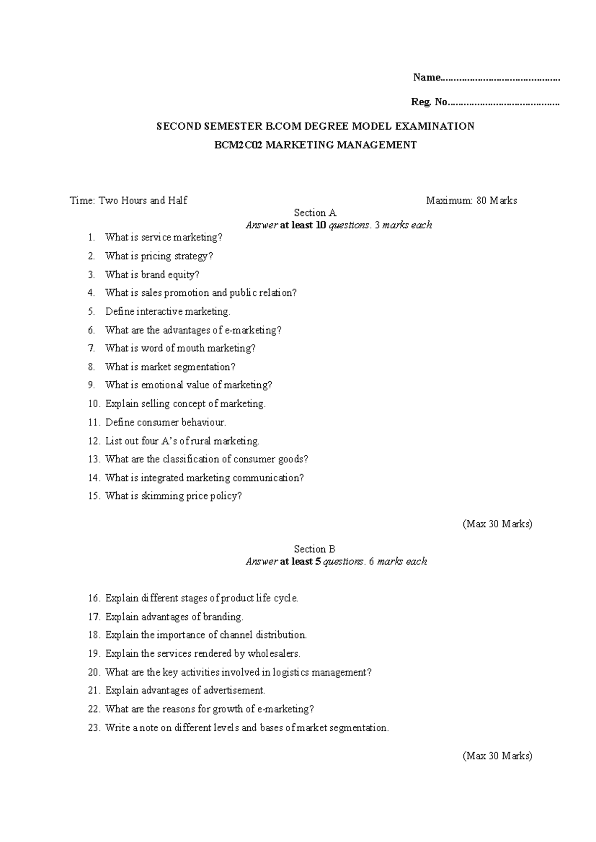 BCM2C02 2nd Sem B.Com Marketing Management Model Exam QP - Studocu