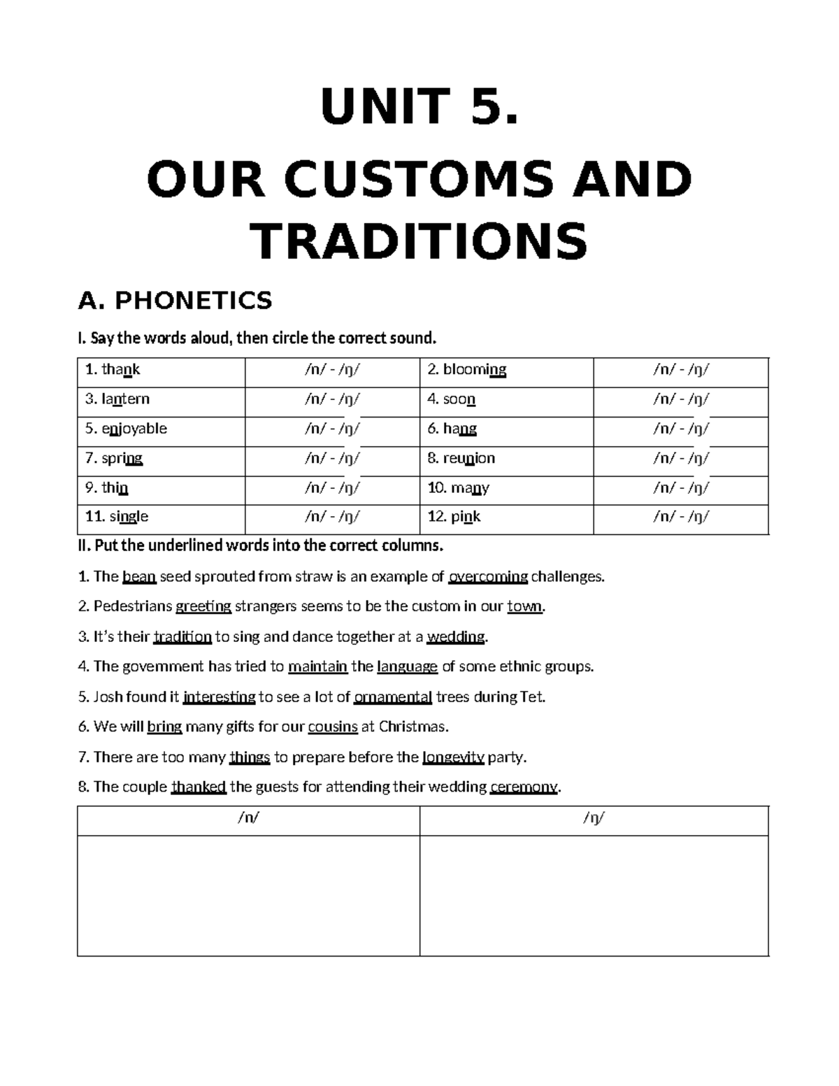 UNIT 5: OUR CUSTOMS AND TRADITIONS - PHONETICS & VOCABULARY EXERCISES ...