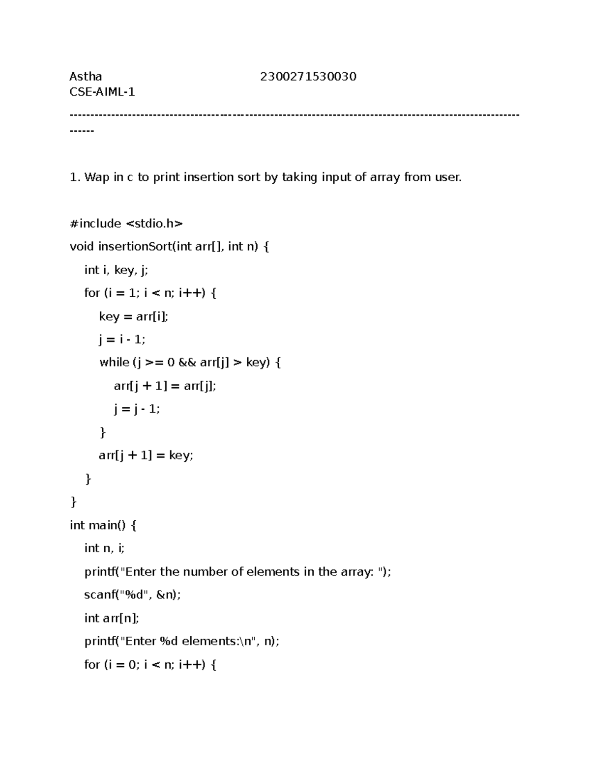 DAA - Sorting Algorithms in C: Insertion, Selection, Bubble - Studocu