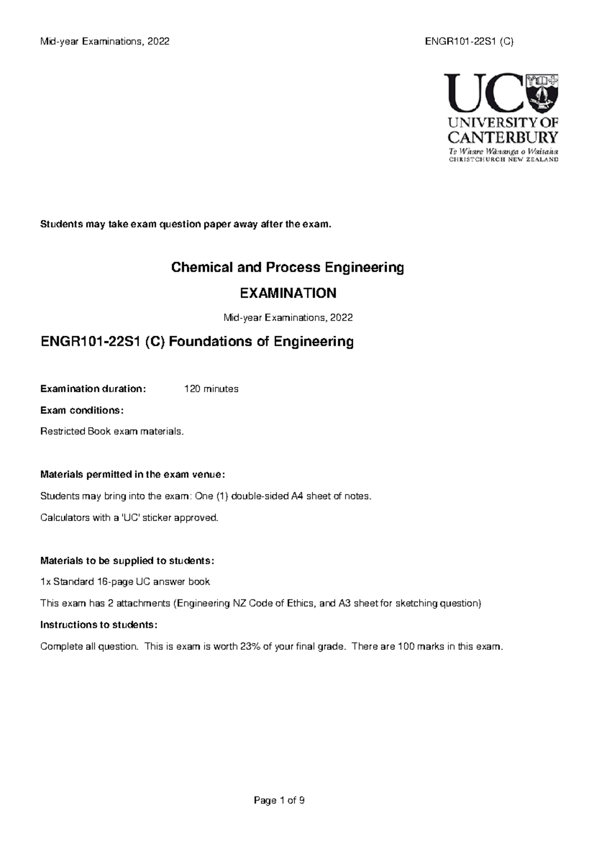 ENGR101 Mid-Year Exam 2022 - Foundations of Engineering Exam Guide ...